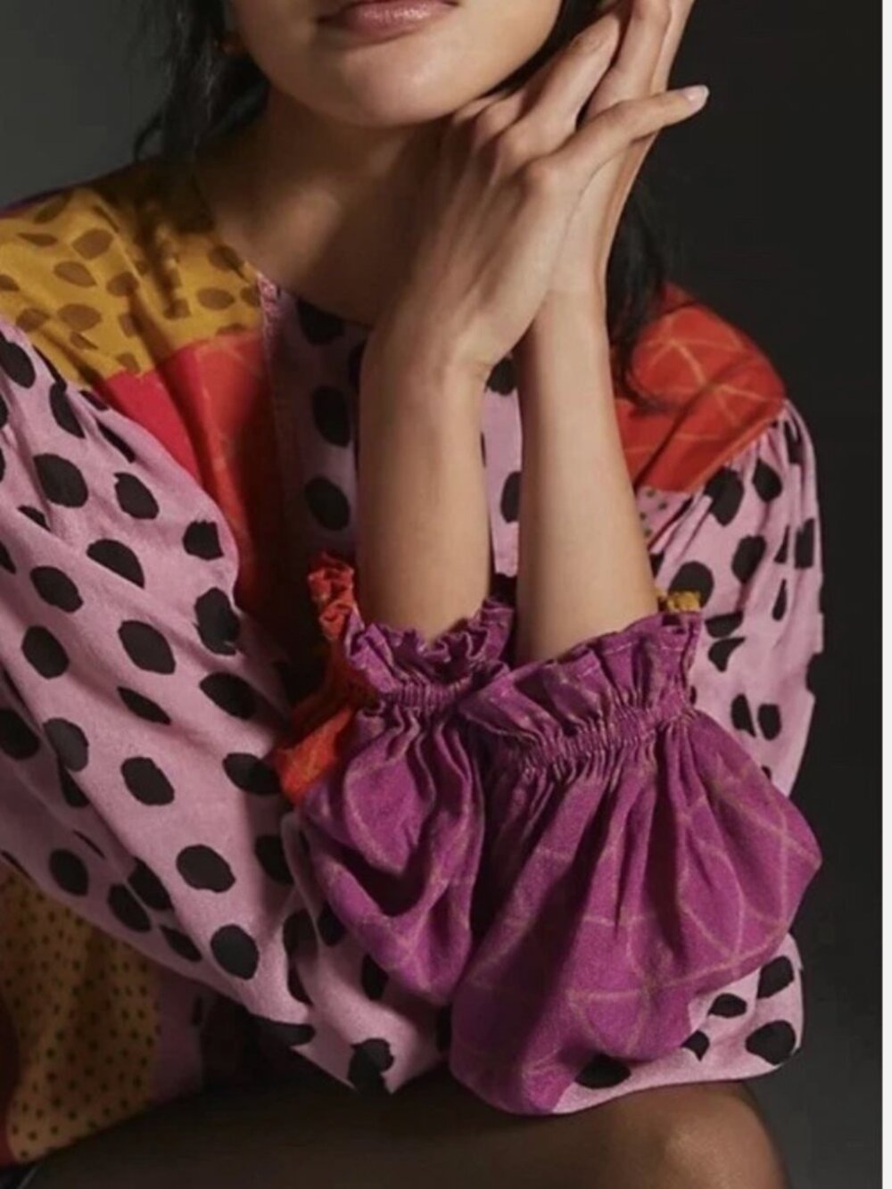 Bl^nk Anthropologie Miranda Eclectic Patchwork Polka Dot Peasant Top Petite L - Picture 7 of 16
